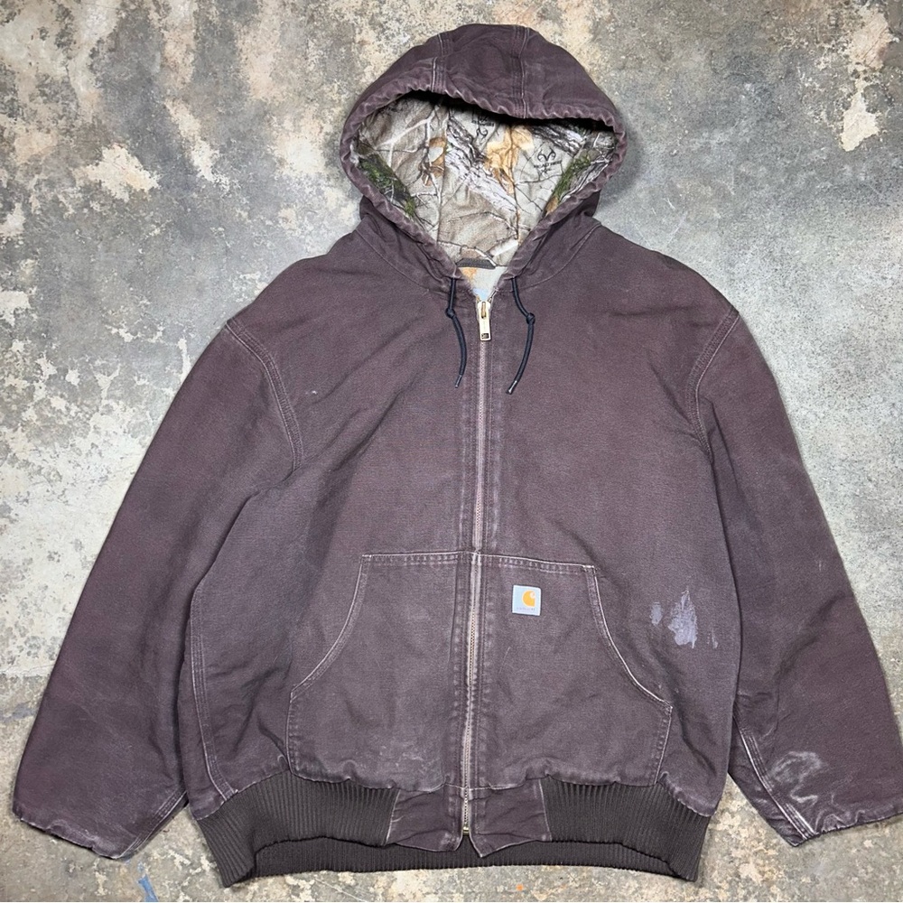 Carhartt Active Jacket XL RealTree Lined Brown Distressed Workwear Hoodie
